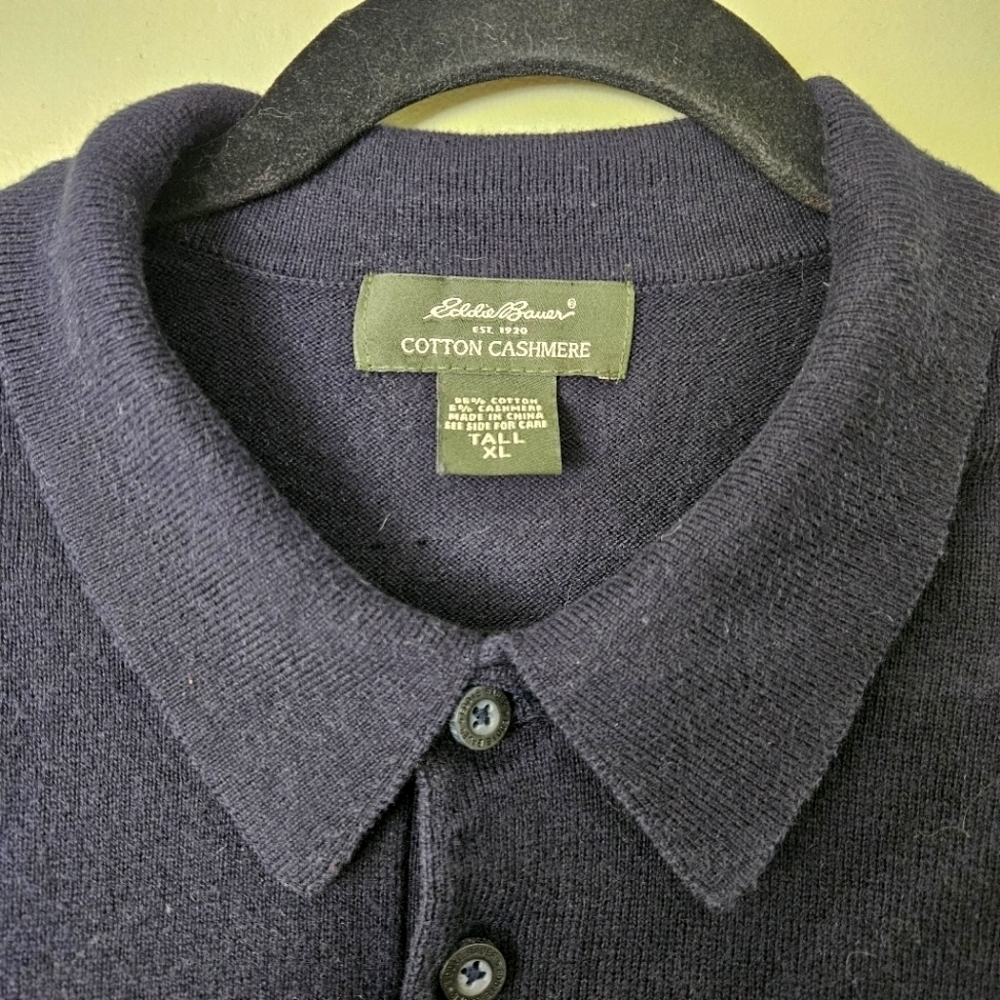 Eddie Bauer Cotton Cashmere Men's Polo Long Sleeve Navy Blue Sweater XL Tall - Picture 4 of 6